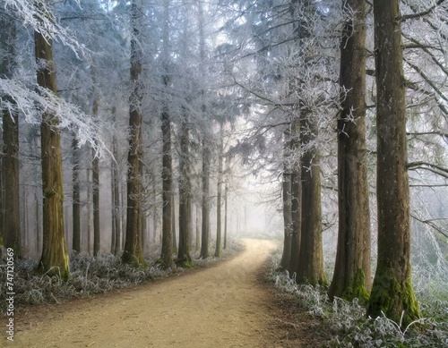 Road through a frosty winter forest  Aargau  Switzerland