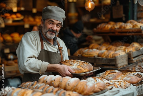 Artisan baker with fresh bread, authentic, traditional, bakery, culinary, craft, smiling, rustic, homemade
