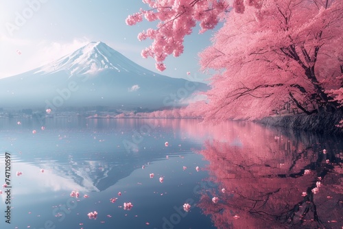 Mount Fuji with cherry blossoms, serene, reflection in water, scenic, pink hue, tranquil, picturesque, springtime in Japan.