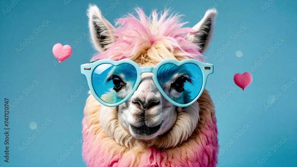 Fototapeta premium Cute Llama. Simple alpaca head with sunglasses on blue background.