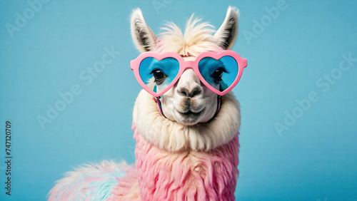Cute Llama. Simple alpaca head with sunglasses on blue background.