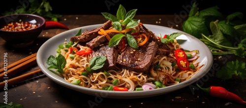A plate filled with steaming noodles, tender beef slices, and colorful vegetables, all tossed in a spicy dressing. The dish exudes a harmonious blend of Asian flavors and fresh ingredients.