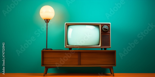 Illustration of a vintage analog television with lamp beside it on color background in 70s style
 photo