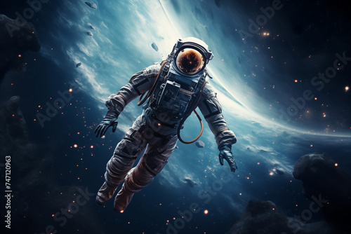 Astronaut in outer space against the backdrop of the planet. 