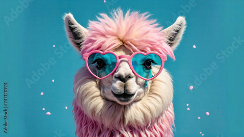 Cute Llama. Simple alpaca head with sunglasses on blue background.