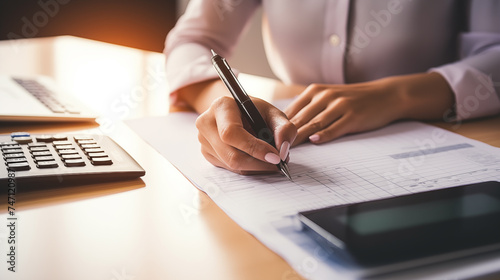 Business woman working with financial data hand using calculator and writing make note with calculate