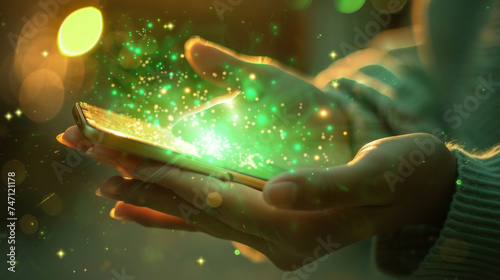 A person holding a handheld device that emits a soothing green light and gentle vibrations for cognitive enhancement. photo