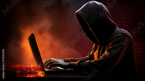 Hacker using laptop computer in dark room with lights and smoke. Computer security concept. photo