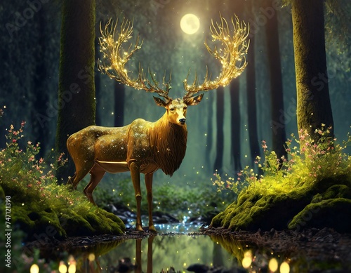 The giant magical golden deer god of the forest, sniffing flowers on the forest floor. Firef