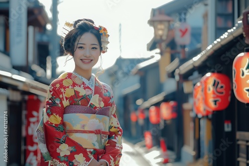 pretty japanese geisha in the streets of a typical neighborhood photo