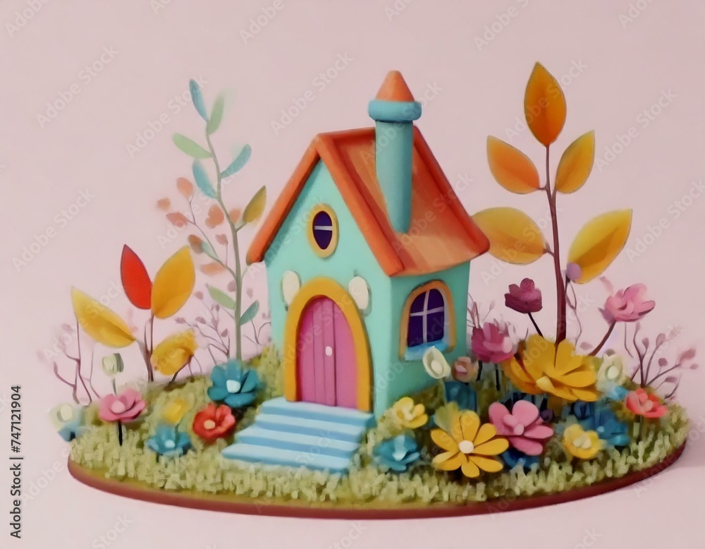 Watercolor style illustration cute whimsical fantasy small house in autumn or spring garden