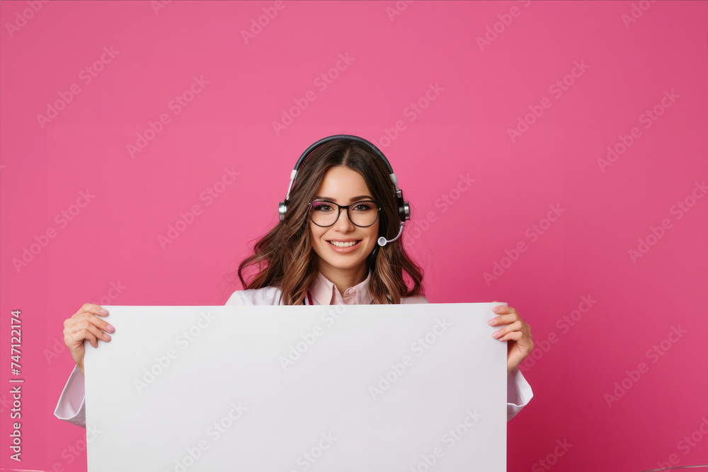 Medical Help Call Center. Smiling doctor in headset. Woman in eye glasses peep behind show white empty signboard banner billboard, isolate rose pink background. Online video conference lab pharmacist. Medical Help Call Center. Smiling doctor in headset. Woman in eye glasses peep behind show white empty signboard banner billboard, isolate rose pink background. Online video conference lab pharmacist.