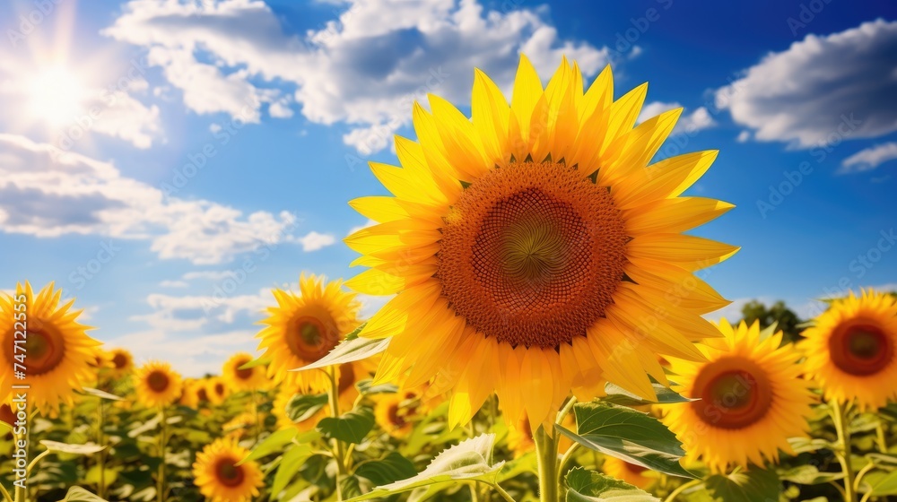Beautiful panoramic view of the sunflower field in the sunlight. Yellow sunflower close-up. Beautiful summer landscape with sunset and blooming meadow, the concept of a rich harvest.