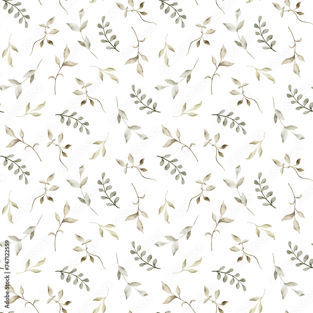 Watercolor seamless pattern with green leaves and twigs on a white background. For baby textiles, diapers, bed linen, wrapping paper, scrapbooking Watercolor seamless pattern with green leaves and twigs on a white background. For baby textiles, diapers, bed linen, wrapping paper, scrapbooking
