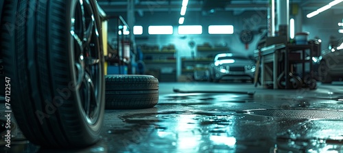 tires, brakes and wheels sitting on the floor in the car workshop