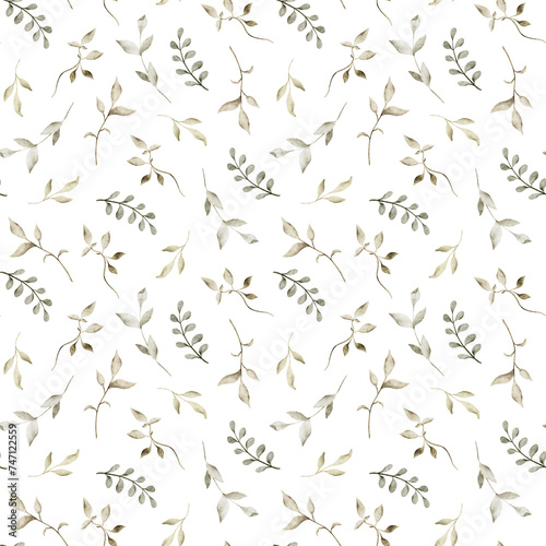Watercolor seamless pattern with green leaves and twigs on a white background. For baby textiles, diapers, bed linen, wrapping paper, scrapbooking