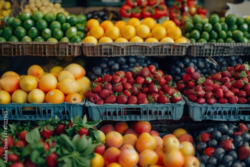 Fresh Citrus and Berries Display at Market Stall