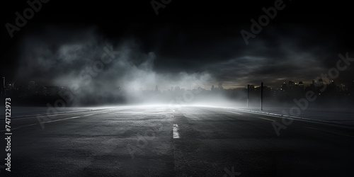 3D Rendering abstract asphalt light in dark street and smoke on black background