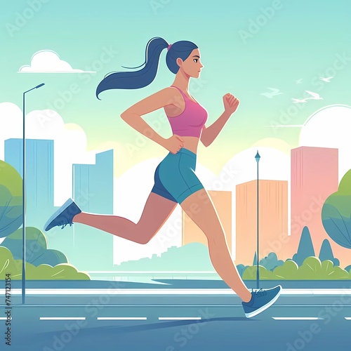 Colorful illustration of a woman running in a city