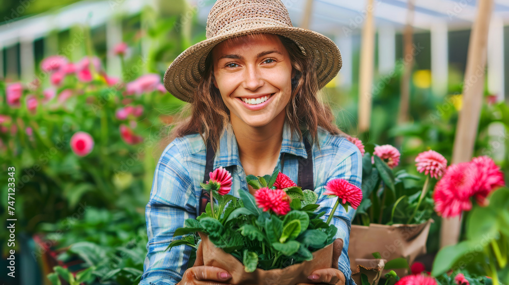 Young woman gardening in greenhouse.She selecting flowers.