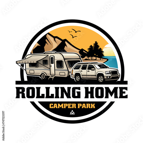 SUV car with caravan trailer illustration logo vector
