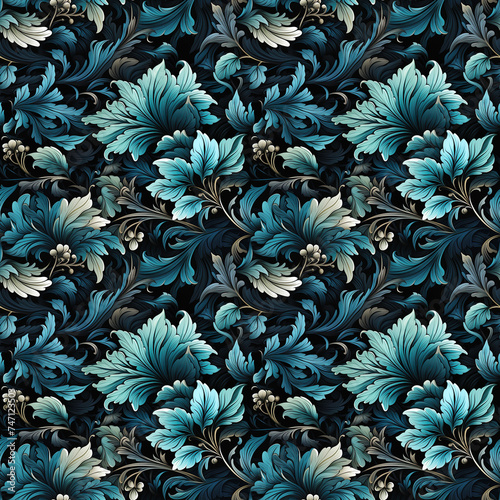 seamless pattern with leaves and branches of plants on black dark background. Repeating ornament for the decoration of fabrics and textiles