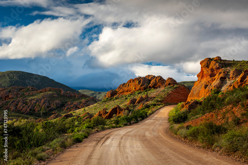 Photography Red Stone Hills, Calitzdorp Farm in the Karoo with old rural houses, valleys pastures aloes and fields of sheep in serene farm lands and the swartberg mountains in south africa