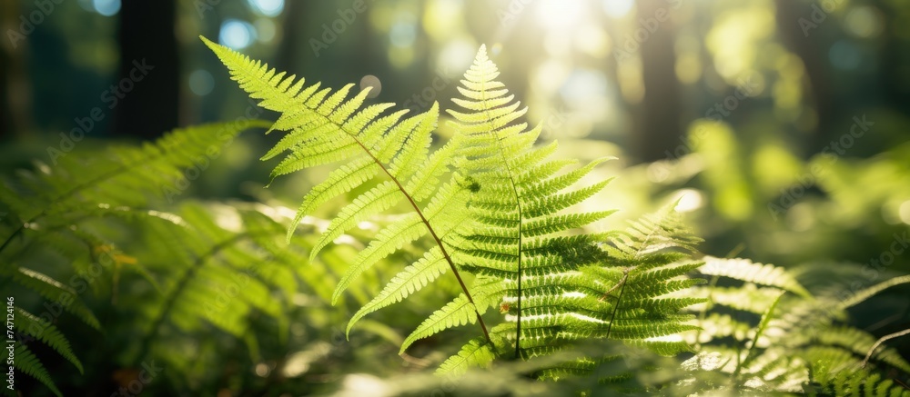A detailed view of a single fern leaf in a lush forest, illuminated by the midday sun. The leafs intricate veins and vibrant green color are highlighted in the image. A detailed view of a single fern leaf in a lush forest, illuminated by the midday sun. The leafs intricate veins and vibrant green color are highlighted in the image.