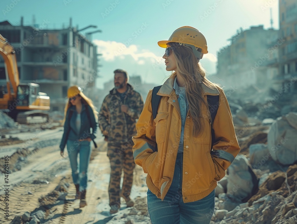 Fototapeta premium Diverse Team of Male And Female Walking in The Construction Site