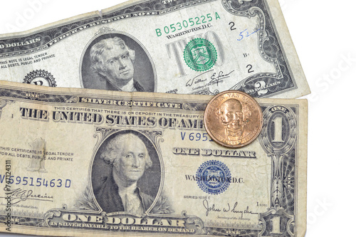 vintage retro old American money of one American dollar series 1935 banknote with George Washington, 2 dollars 1976 Thomas Jefferson, commemorative 1 dollar coin of Martin Van Buren, liberty statue photo