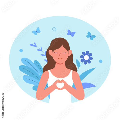 Love yourself. Woman take care of mentality and learn self accepting. Mental health and psychotherapy concept. Vector illustration.