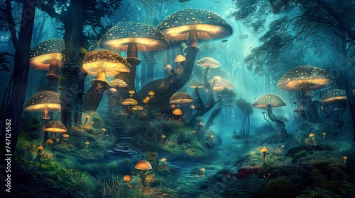 A breathtaking digital painting of a fantasy forest with towering mushrooms aglow with internal light, amidst an ethereal misty landscape © vannet