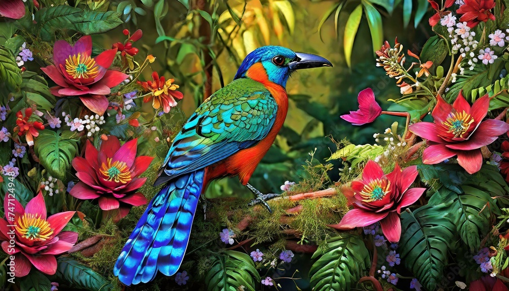 colorful exotic bird in jungle around little magic flowers colorful exotic bird in jungle around little magic flowers
