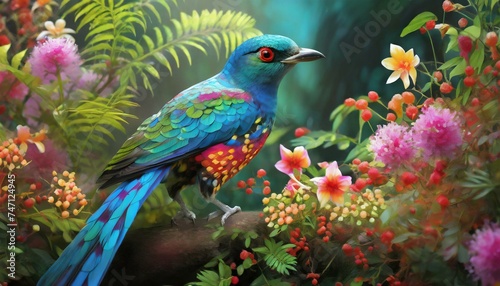colorful exotic bird in jungle around little magic flowers  © rzaibrahimov