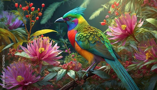 colorful exotic bird in jungle around little magic flowers  © rzaibrahimov