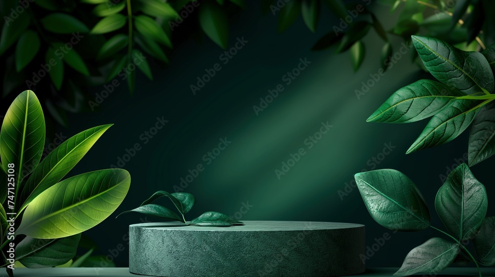 Abstract rock podium pedestal on green background mockup. Luxury marble platform for product beauty display concept. Nature 3D render beauty cosmetic stage scene with green plants, leaves and shadows. Abstract rock podium pedestal on green background mockup. Luxury marble platform for product beauty display concept. Nature 3D render beauty cosmetic stage scene with green plants, leaves and shadows.