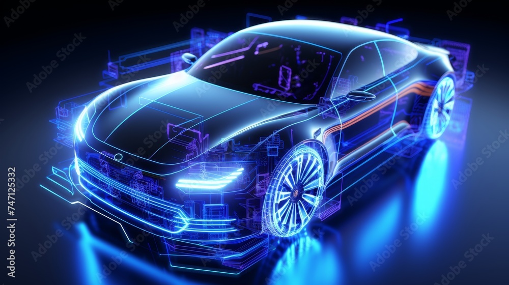 Futuristic electric car with holographic wireframe digital technology on light white background