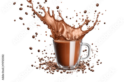 Chocolate milk splash with coffee beans isolated on transparent background