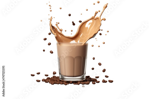Chocolate milk splash with coffee beans isolated on transparent background