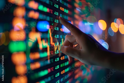 A persons hand points to financial graph on a computer screen analyzing market trends or stock data