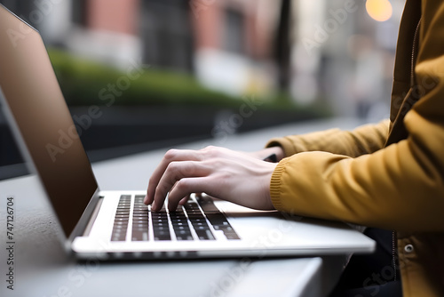 An employee sits outdoors in natural light, surrounded by warm tones of bronze and yellow, diligently typing on their laptop on a sunny day.