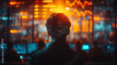 In a bustling virtual classroom hologram projections of stock market graphs and currency symbols float above the heads of students. The instructor visible as a glowing silhouette