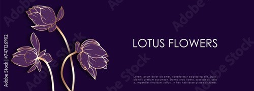 Luxury floral dark purple vector design with golden outlines of lotus flowers. Floral card, wallpaper, background, poster, banner, cover design.