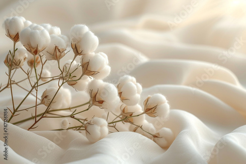 Dried branch of cotton plant with flowers on soft white elegance towel, space for text © Nadezda Ledyaeva