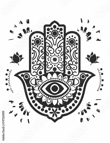  black and white graphic oriental hamsa with the eye of the prophet