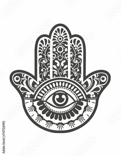  black and white graphic oriental hamsa with the eye of the prophet