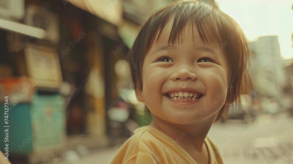A poor boy is happy in his small village. Ai generate. A poor boy is happy in his small village. Ai generate.