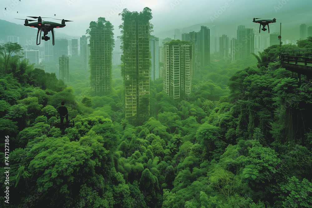 Several drones are flying on high ground in a dense green forest Several drones are flying on high ground in a dense green forest