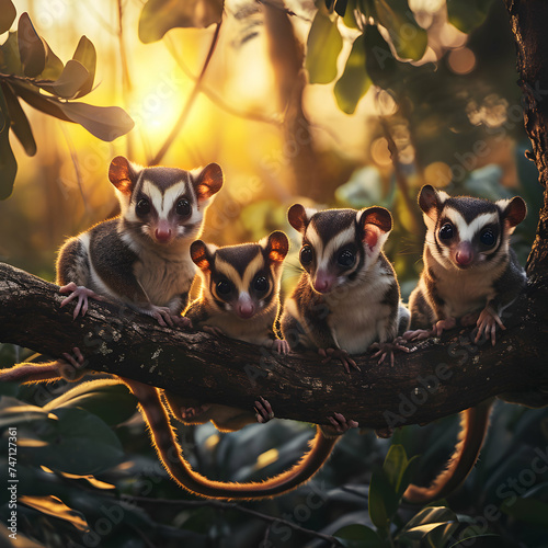 Sugar gliders in the forest with setting sun shining. Group of wild animals in nature.