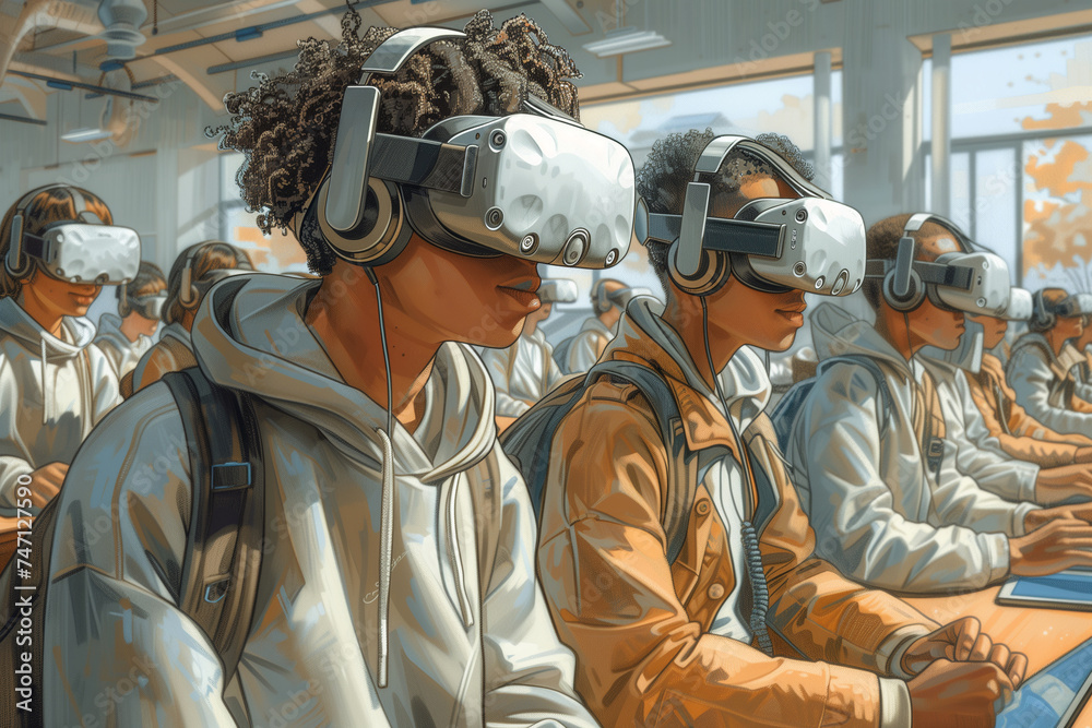 Multiple individuals in a classroom setting are wearing virtual headsets,  and vr glasses, studying or working